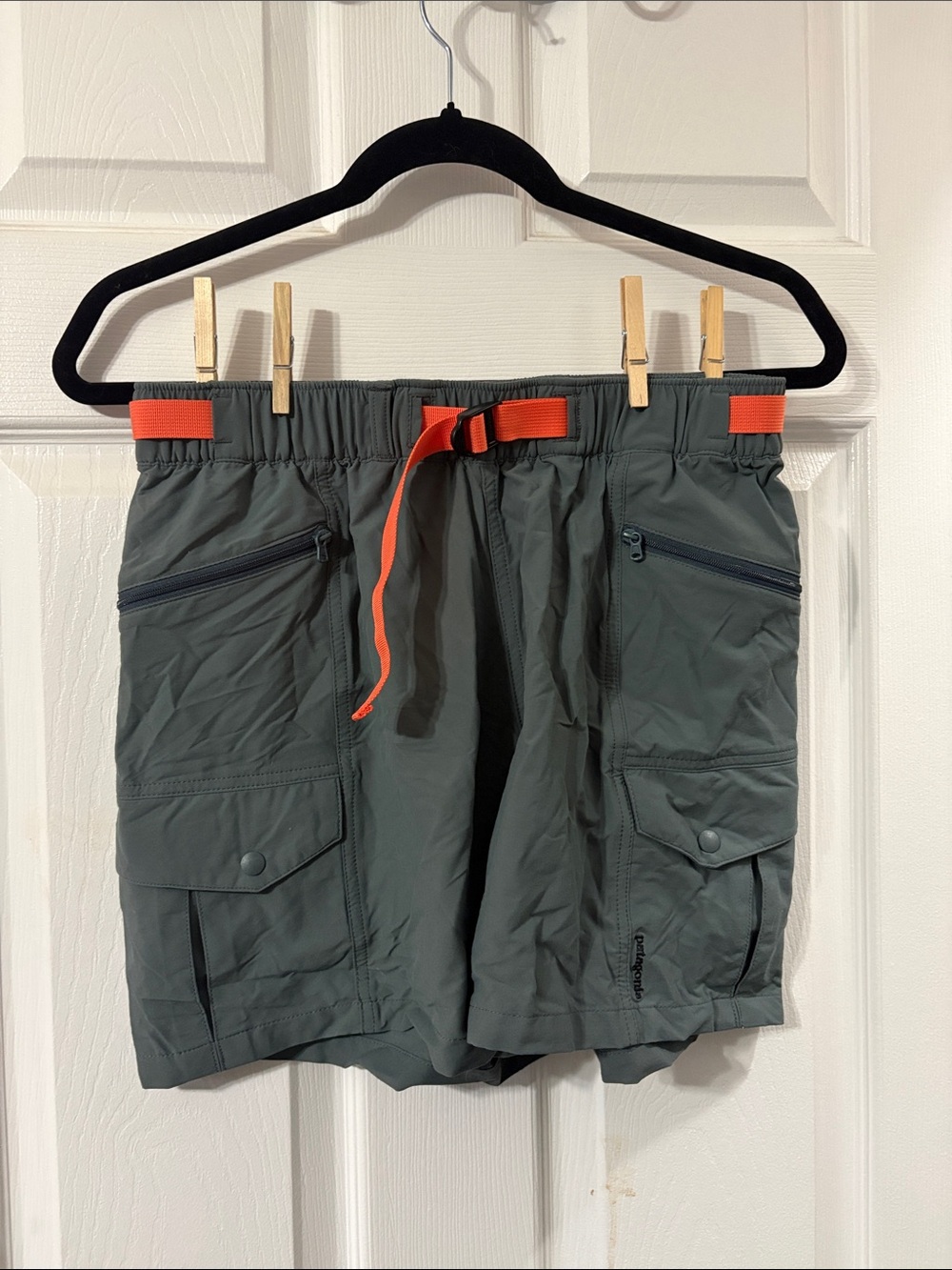 Patagonia Olive Cargo Shorts with Orange Belt